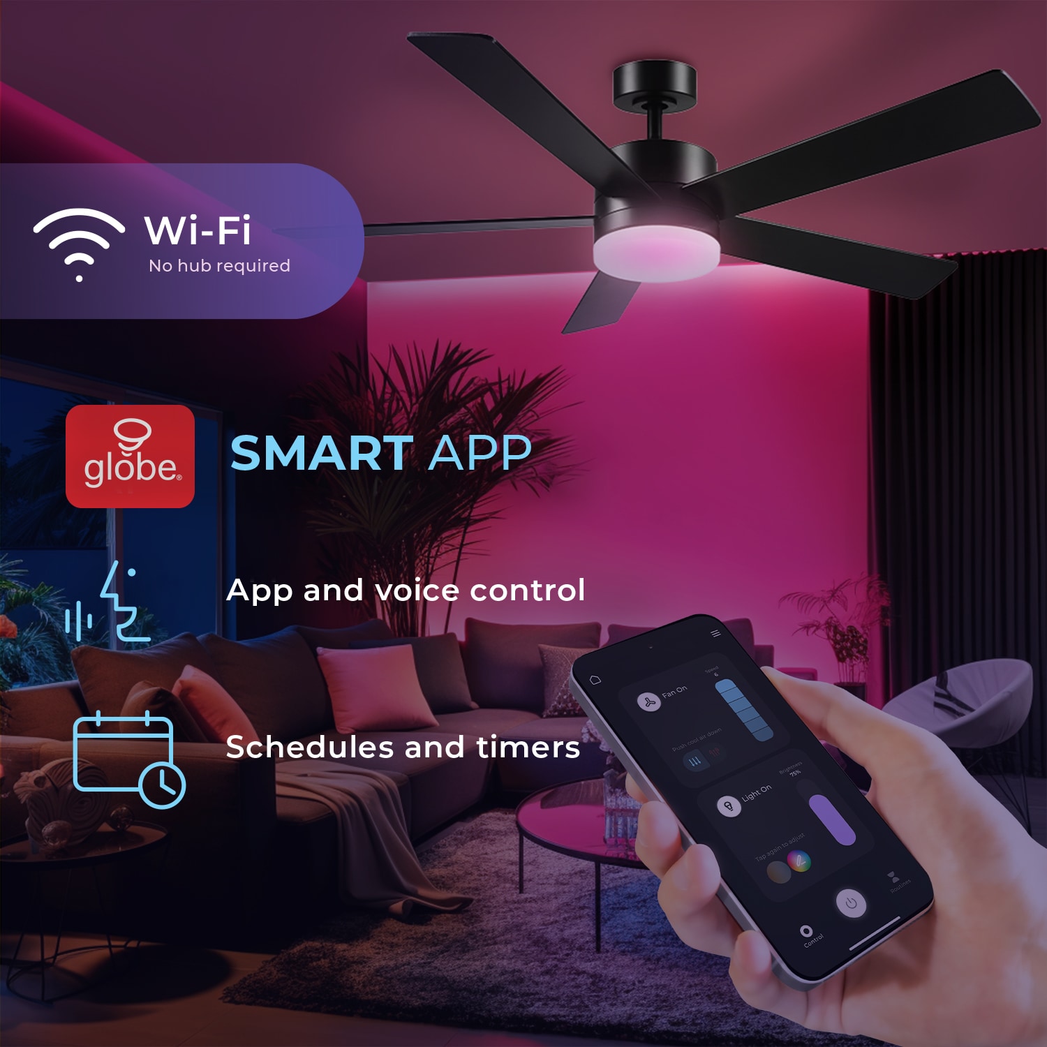 Globe Electric DAYTON 52-in Color-Changing Outdoor Smart Black with Matte Black Blades Ceiling Fan With Light - Remote Included ( 5 -Blade )