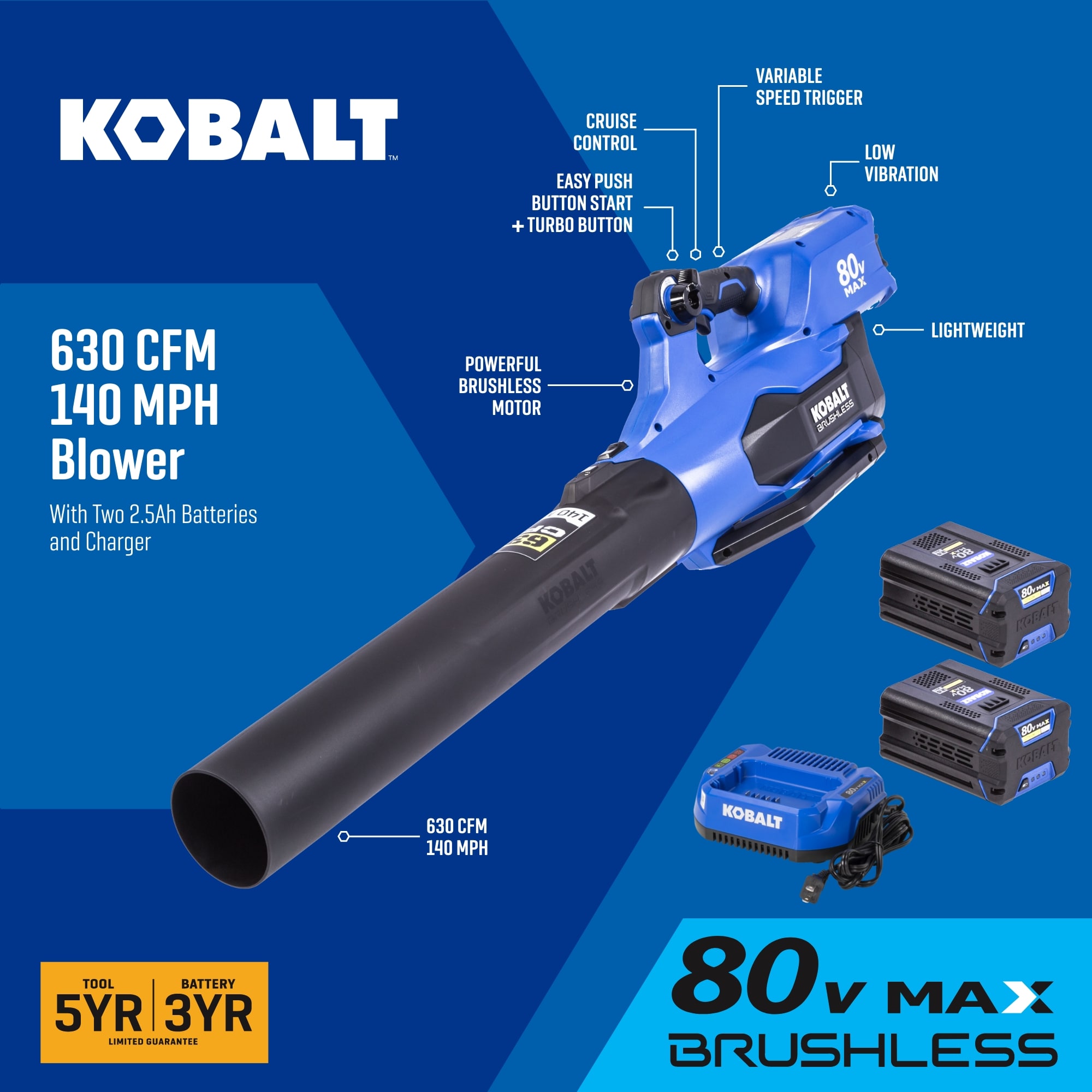 Kobalt 80-volt 630-CFM 140-MPH Battery Handheld Leaf Blower 2.5 Ah