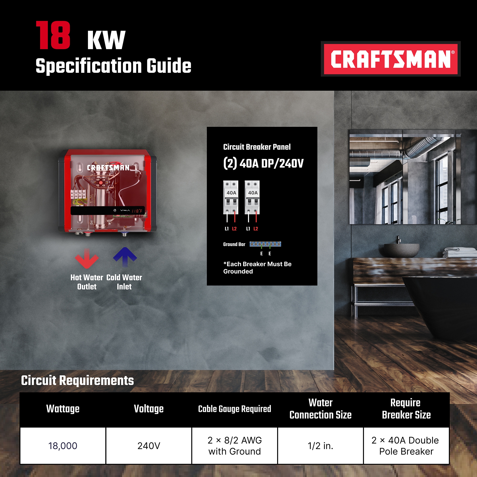 CRAFTSMAN 18kw Pro-plus Multi Application Electric Tankless Water Heater