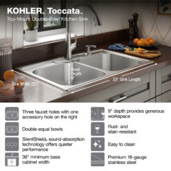 KOHLER Toccata Drop-in 33-Inches x 22-Inches Stainless steel Double equal bowl 4-Hole 18 -Gauge Kitchen Sink