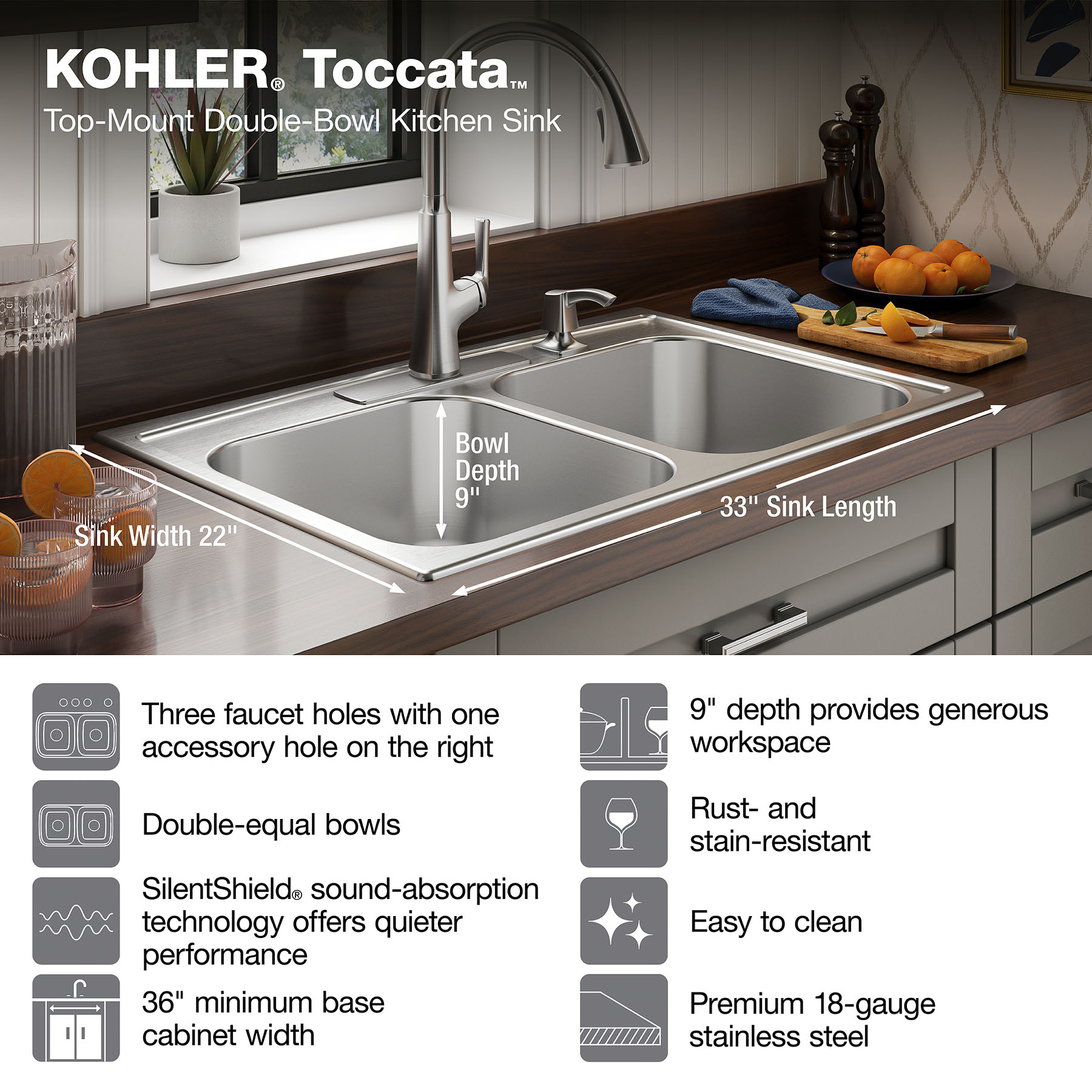 KOHLER Toccata Drop-in 33-Inches x 22-Inches Stainless steel Double equal bowl 4-Hole 18 -Gauge Kitchen Sink