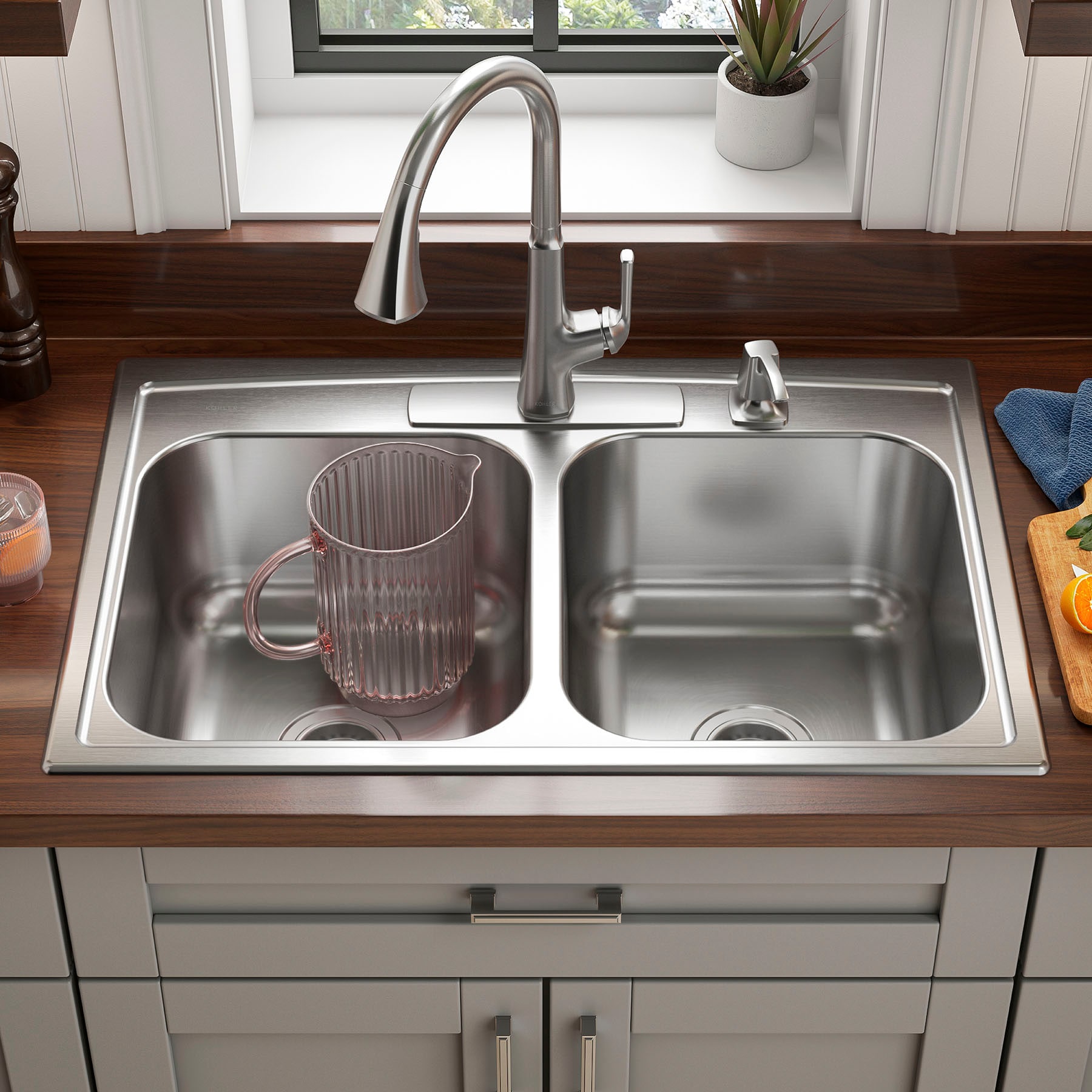 KOHLER Toccata Drop-in 33-Inches x 22-Inches Stainless steel Double equal bowl 4-Hole 18 -Gauge Kitchen Sink