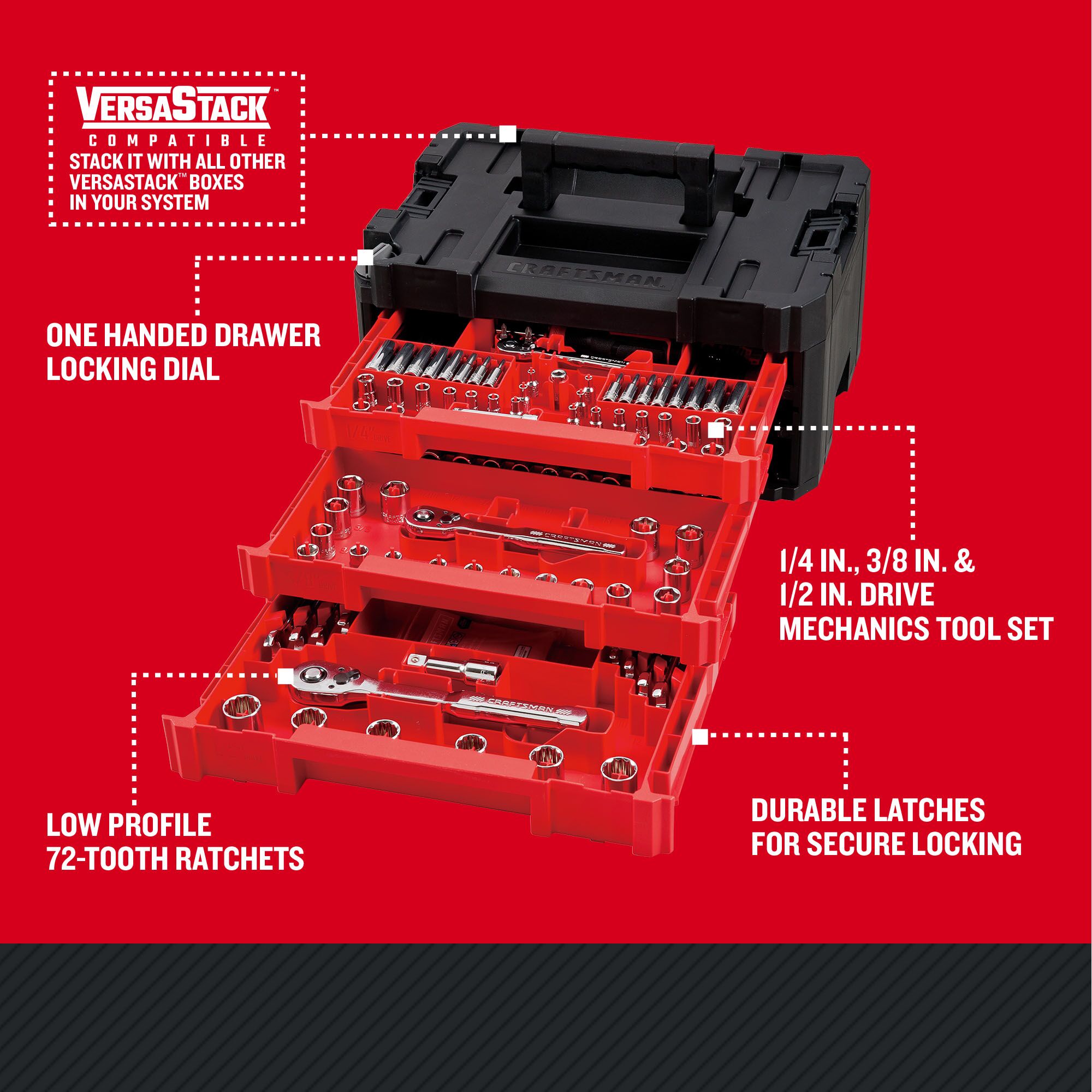 CRAFTSMAN VERSASTACK 230 -Piece Standard (SAE) and Metric Polished chrome Mechanics Tool Set with Hard Case