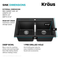 Kraus Dual-mount 33.0-in x 22.0-in Granite Double equal bowl 1-Hole Kitchen Sink