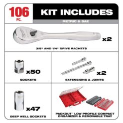 Milwaukee 3/8 in. and 1/4 in. Drive SAE/Metric Ratchet and Socket Mechanics Tool Set with PACKOUT Case (106-Piece) 48-22-9486