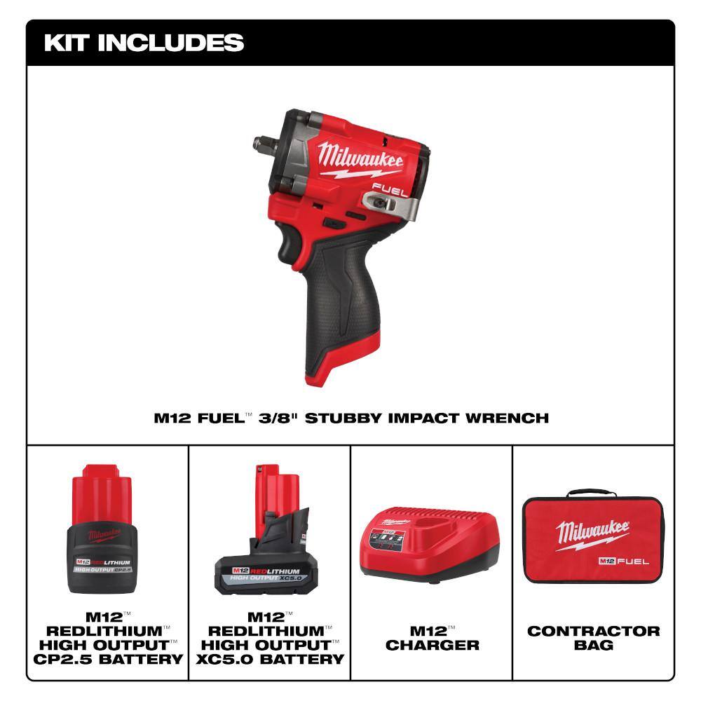 Milwaukee M12 FUEL 12V Li-Ion Brushless Cordless Stubby 3/8 in. Impact Wrench Kit w/(1) 5.0Ah & (1) 2.5 Ah High Output Batteries 2562-22