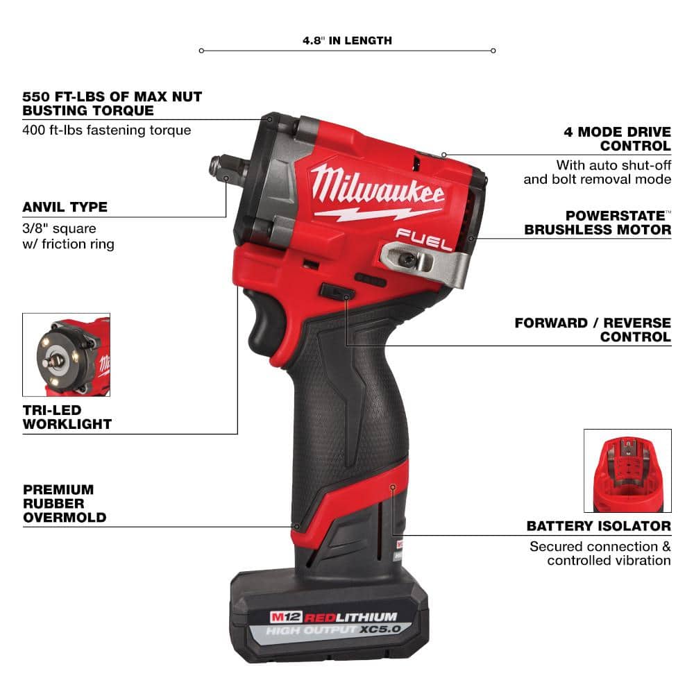 Milwaukee M12 FUEL 12V Li-Ion Brushless Cordless Stubby 3/8 in. Impact Wrench Kit w/(1) 5.0Ah & (1) 2.5 Ah High Output Batteries 2562-22