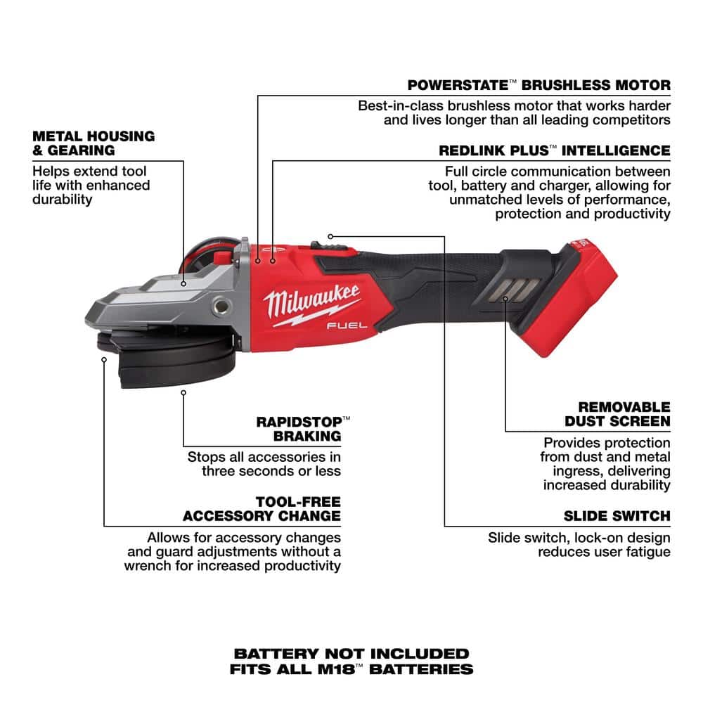 Milwaukee M18 FUEL 18V Lithium-Ion Brushless Cordless 5 in. Flathead Braking Grinder with Slide Switch Lock-On (Tool-Only) 2887-20