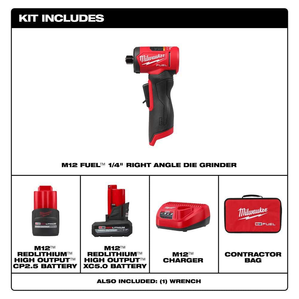 Milwaukee M12 FUEL 12V Lithium-Ion Brushless Cordless 1/4 in. Right Angle Die Grinder Kit w/ 5.0 Ah & 2.5 Ah Batteries 3485-22