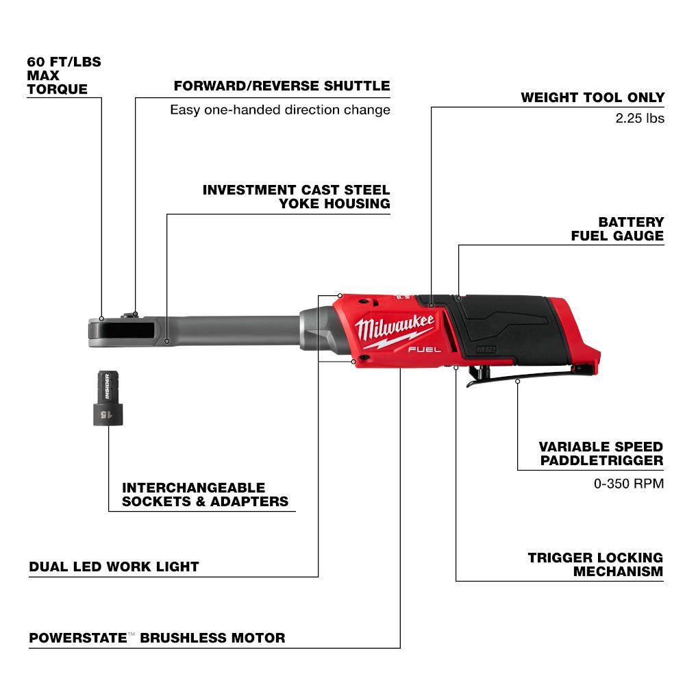 Milwaukee M12 FUEL INSIDER 12V Lithium-Ion Brushless Cordless 1/4 in. - 3/8 in. Extended Reach Box Ratchet (Tool-Only) 3050-20