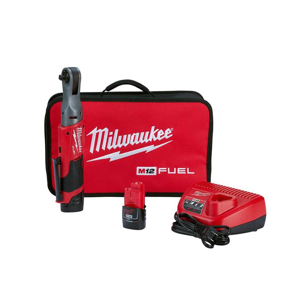 Milwaukee M12 FUEL 12V Lithium-Ion Brushless Cordless 3/8 in. Ratchet Kit with (2) 2.0Ah Batteries, Charger & Tool Bag 2557-22