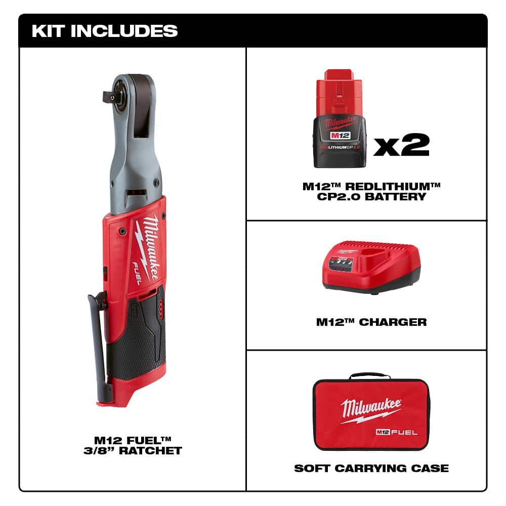 Milwaukee M12 FUEL 12V Lithium-Ion Brushless Cordless 3/8 in. Ratchet Kit with (2) 2.0Ah Batteries, Charger & Tool Bag 2557-22
