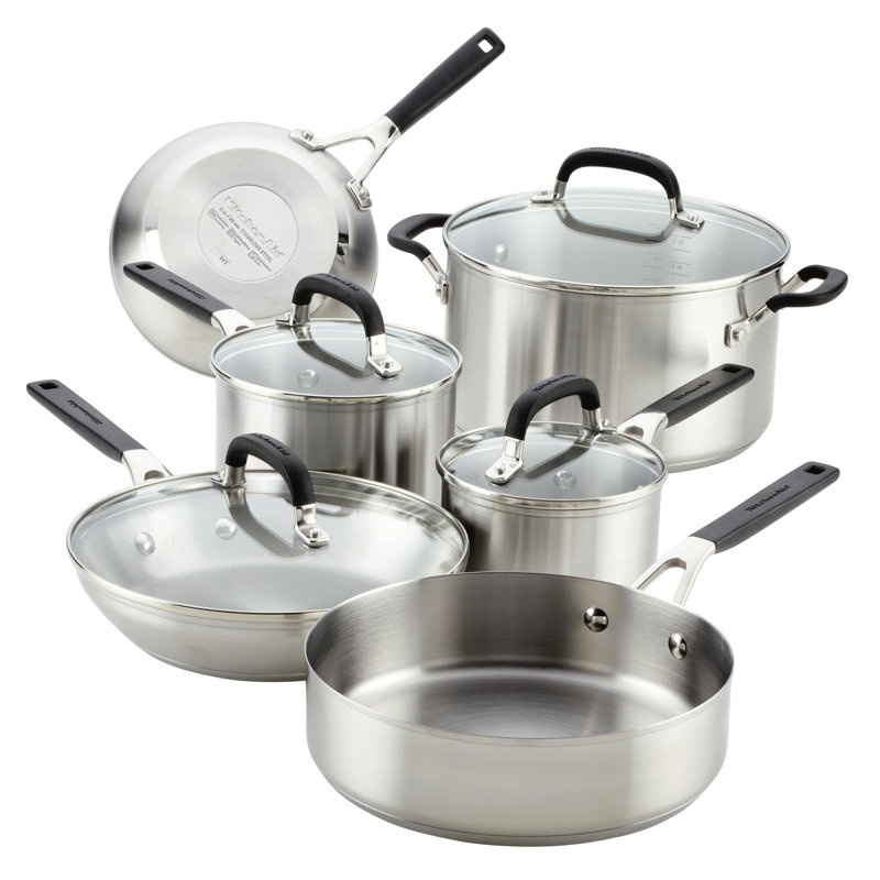 KitchenAid Brushed Stainless Steel Cookware Pots and Pans Set, 10 Piece