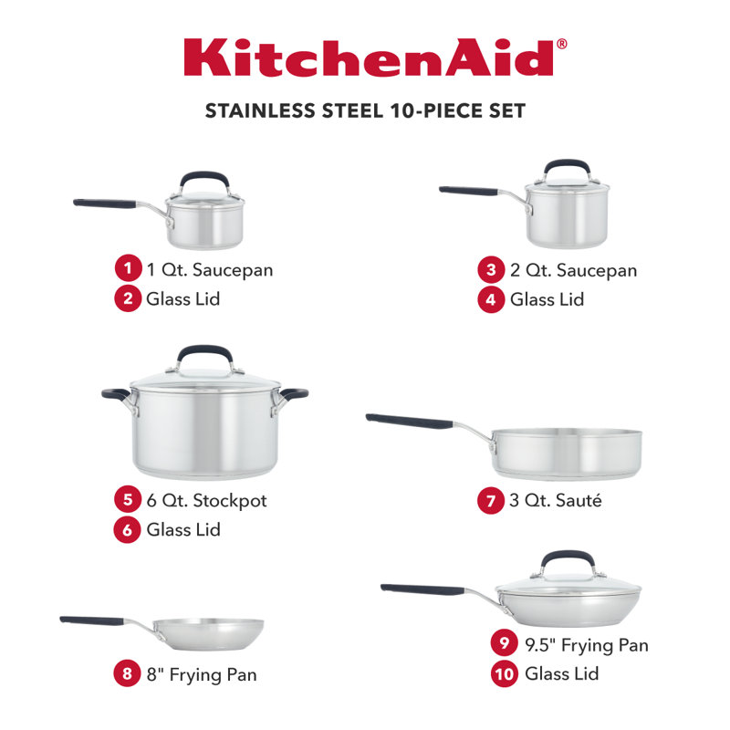 KitchenAid Brushed Stainless Steel Cookware Pots and Pans Set, 10 Piece