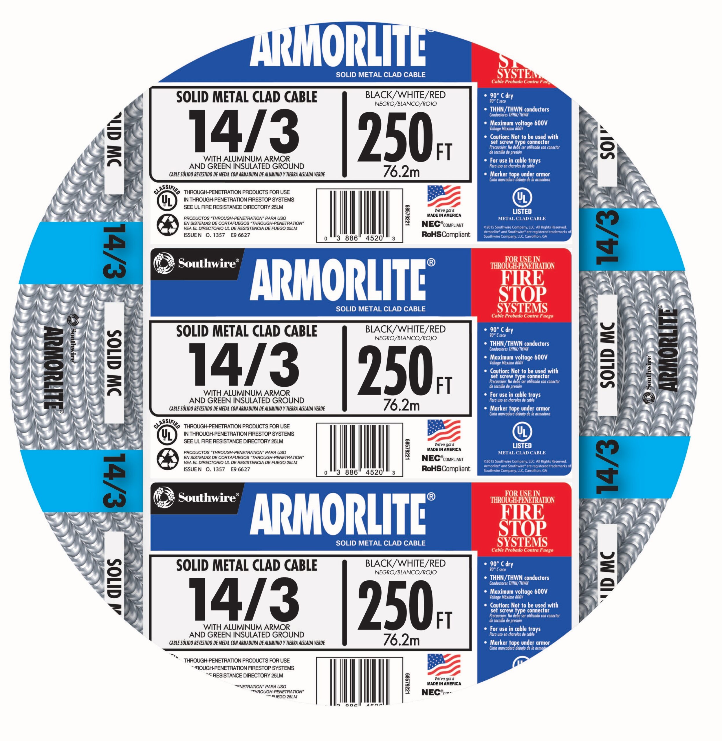 Southwire Armorlite 250-ft 14 / 3 Solid Aluminum MC (Metal Clad) Cable
