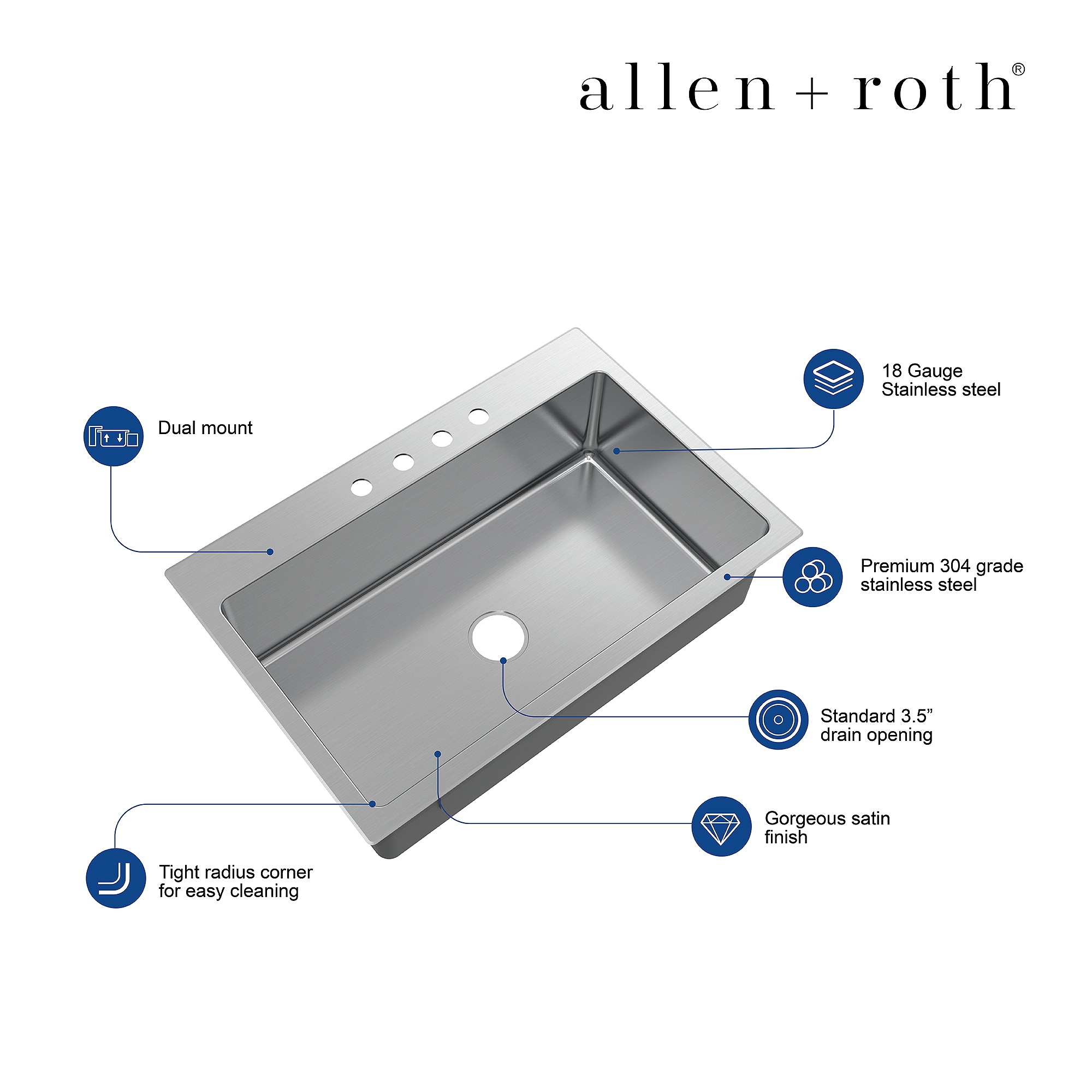 allen + roth Theo Dual-mount 33-Inches x 22-Inches Stainless steel Single bowl 4-Hole 18 -Gauge Kitchen Sink