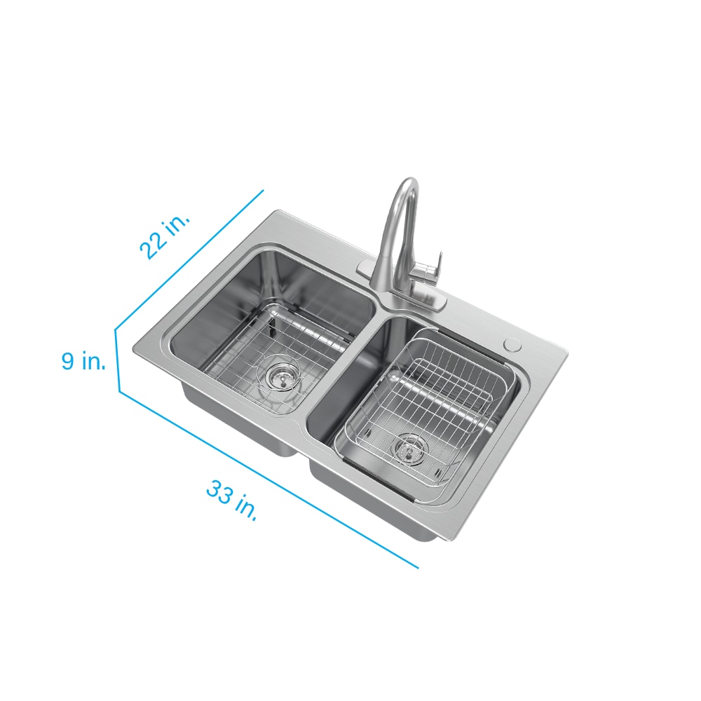 allen + roth Hoffman Dual-mount 33-in x 22-in Stainless steel Double equal bowl 2-Hole 20 -Gauge Kitchen Sink All-in-One Kit