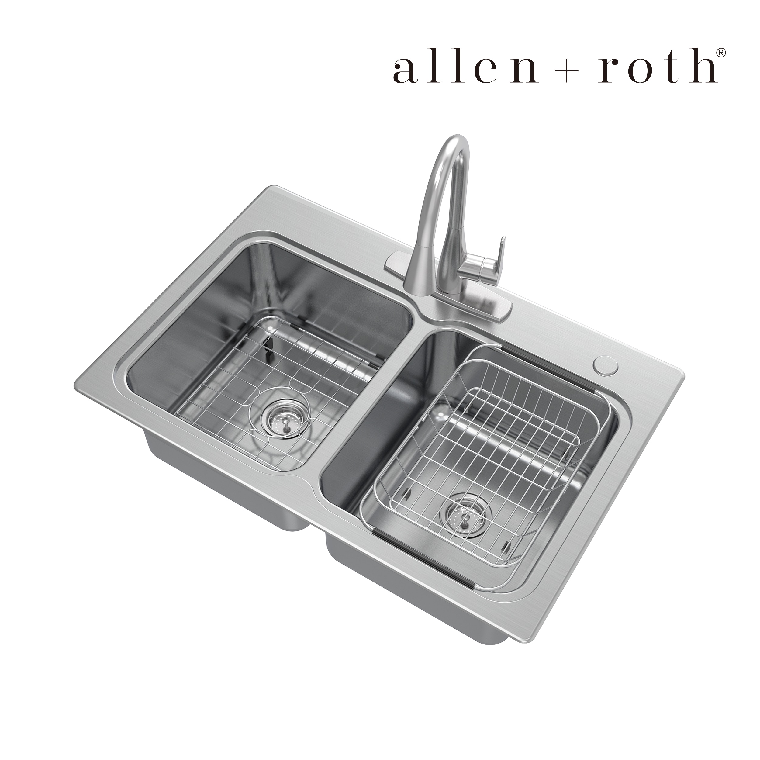 allen + roth Hoffman Dual-mount 33-in x 22-in Stainless steel Double equal bowl 2-Hole 20 -Gauge Kitchen Sink All-in-One Kit