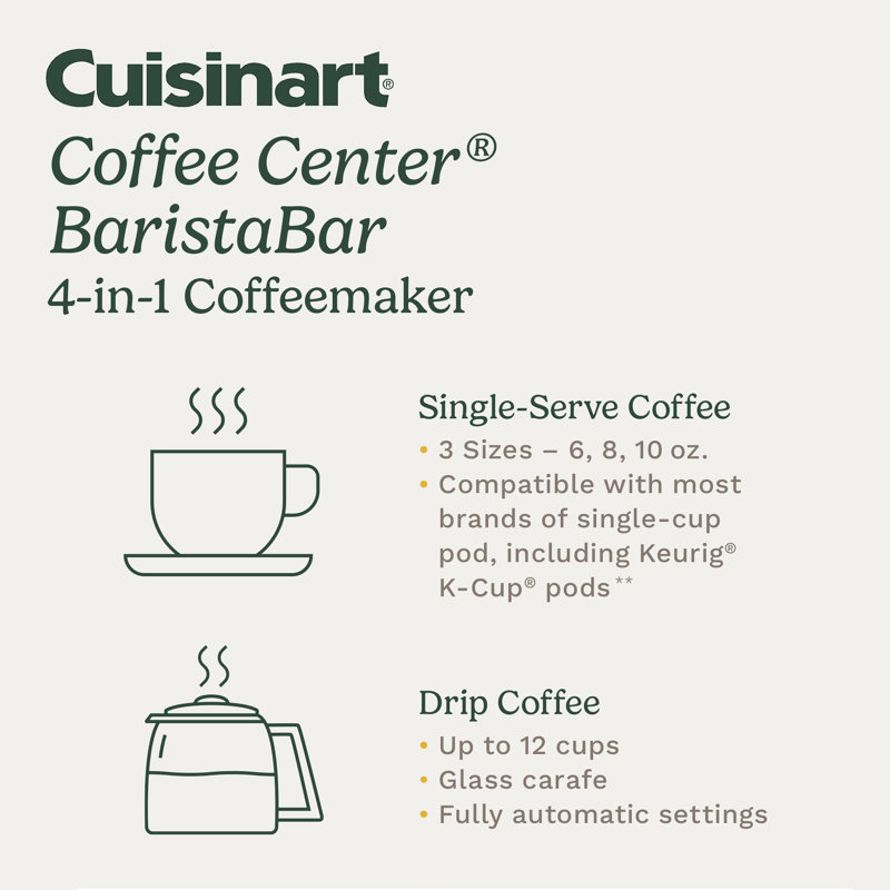 Cuisinart Coffee Center Barista Bar 4-in-1 Coffeemaker, Single-Serve Coffee, Espresso & Nespresso Capsule Compatible, 12-Cup Carafe