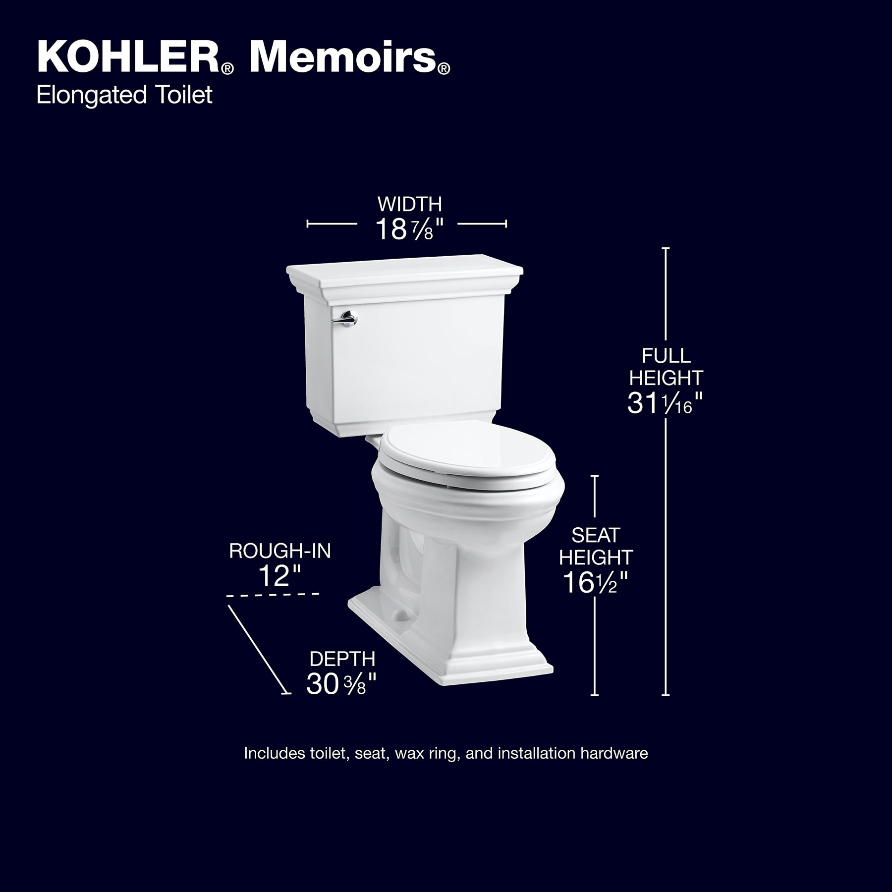 KOHLER Memoirs The Complete Solution White Elongated Chair height Soft Close 2-piece Toilet 12-in Rough-In WaterSense 1.28 GPF