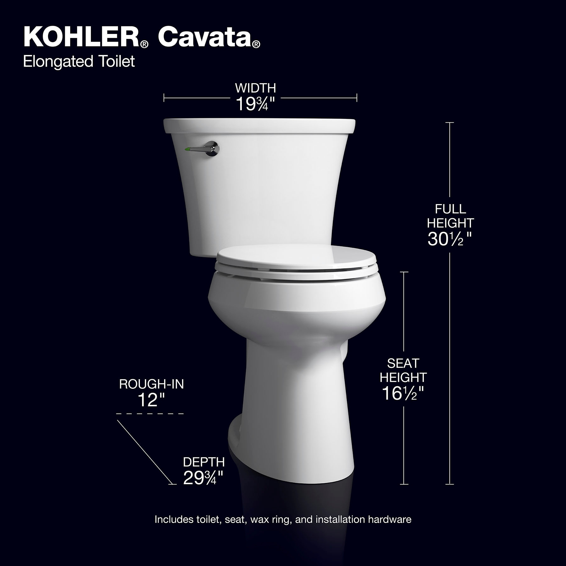 KOHLER Cavata White Elongated Chair height Soft Close 2-piece Toilet 12-in Rough-In WaterSense 1.6 GPF