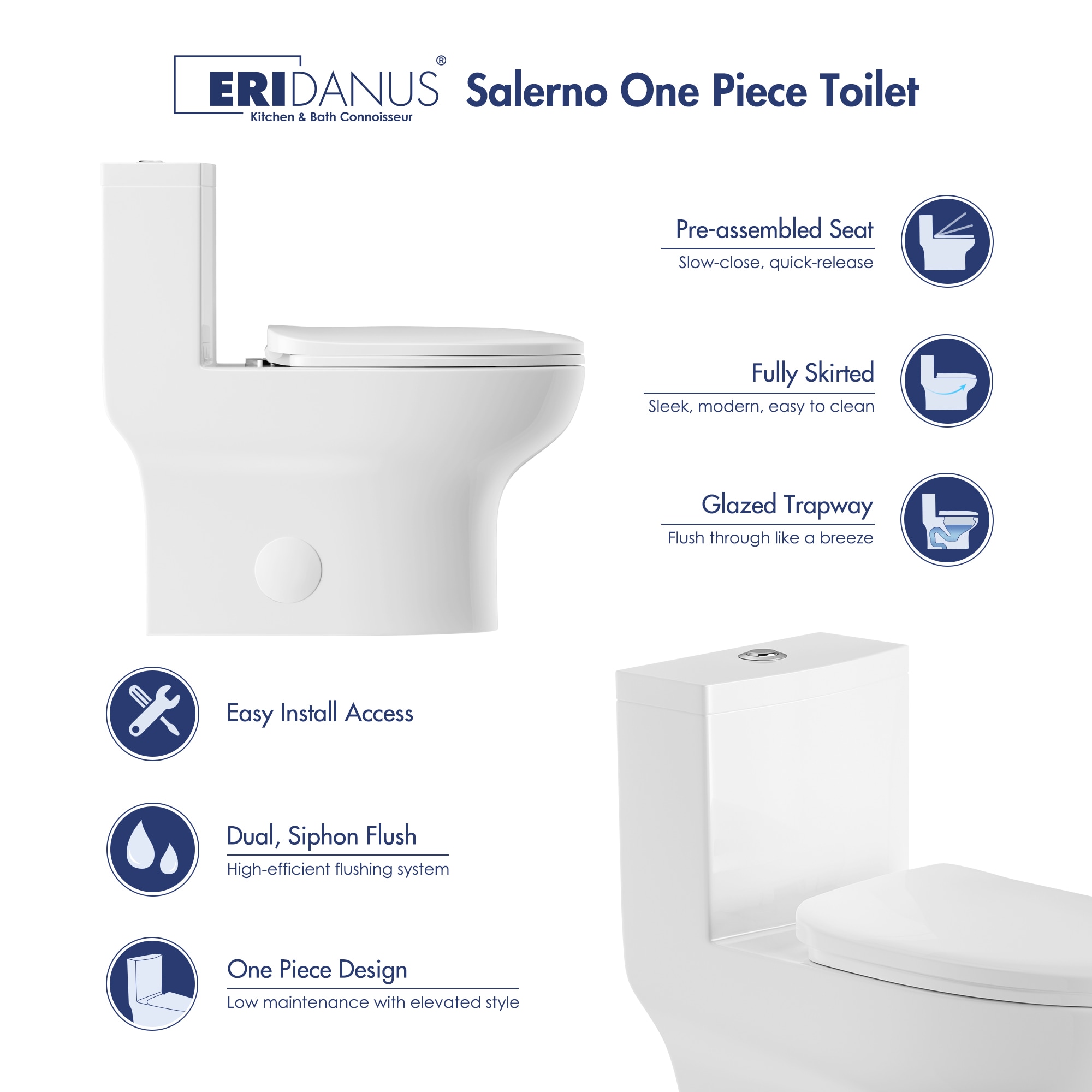 Eridanus Salerno Crisp White Dual Flush Elongated Chair height Soft Close 1-piece Toilet 12-in Rough-In WaterSense 1.6 GPF