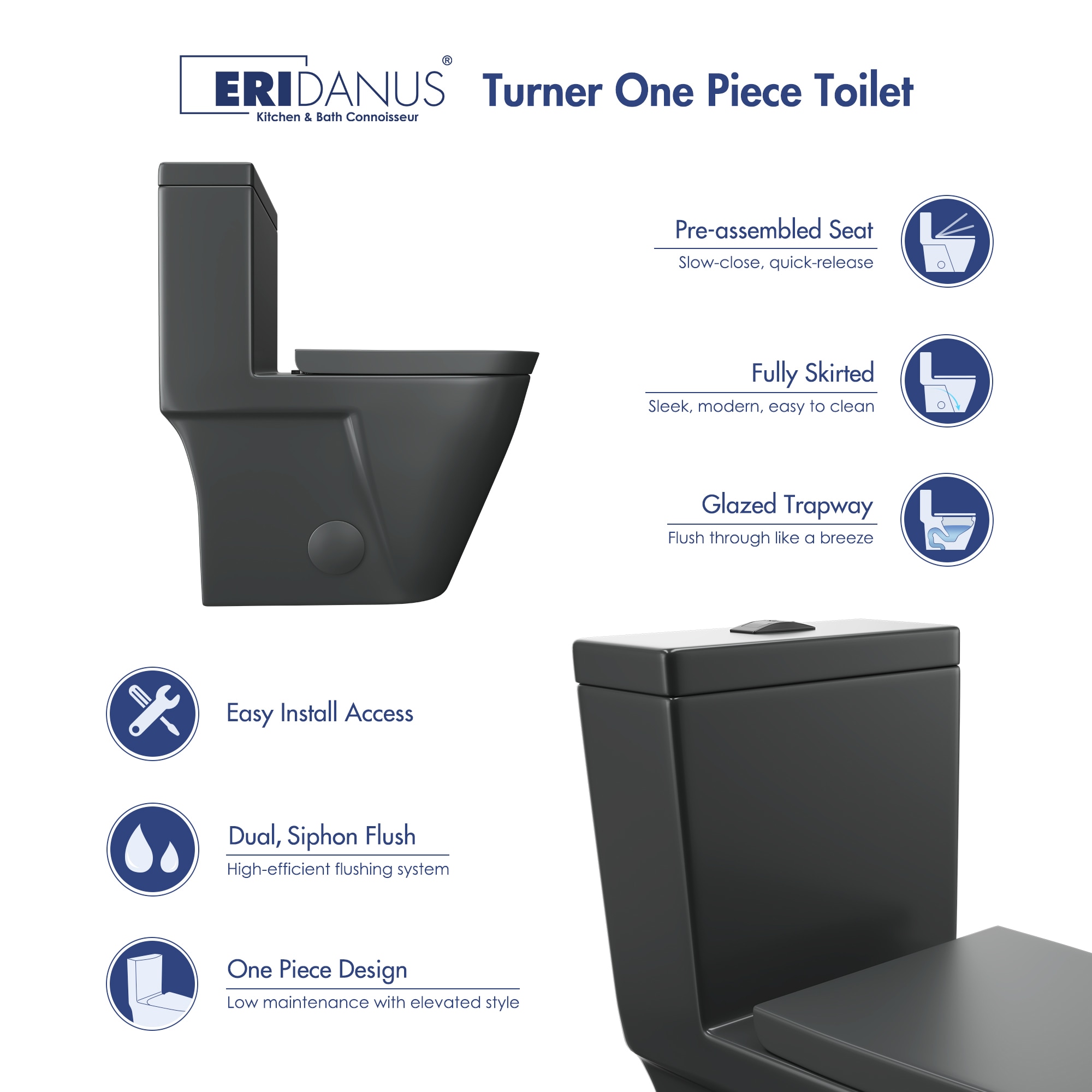 Eridanus Turner Matte Black Dual Flush Elongated Chair height Soft Close 1-piece Toilet 12-in Rough-In WaterSense 1.6 GPF