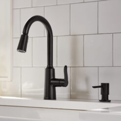 Moen Edwyn Matte Black Single Handle Deck-mount Pull-down Kitchen Faucet with Sprayer ( Deck Plate Included ) (Soap Dispenser Included)