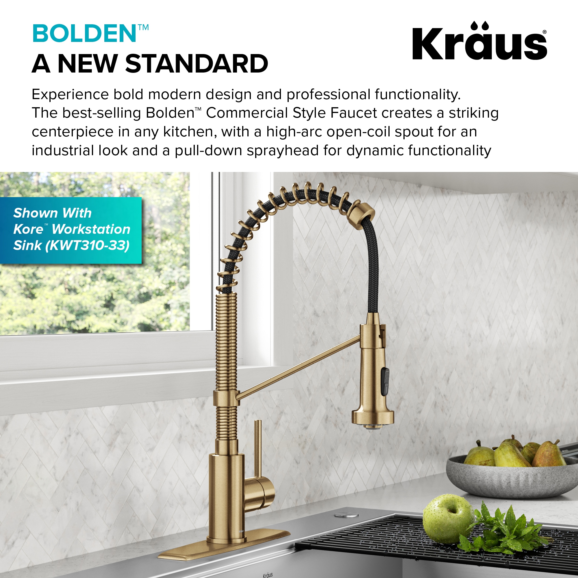 Kraus Bolden Brushed Brass with Deckplate Single Handle Deck-mount Pull-down Kitchen Faucet with Sprayer ( Deck Plate Included )