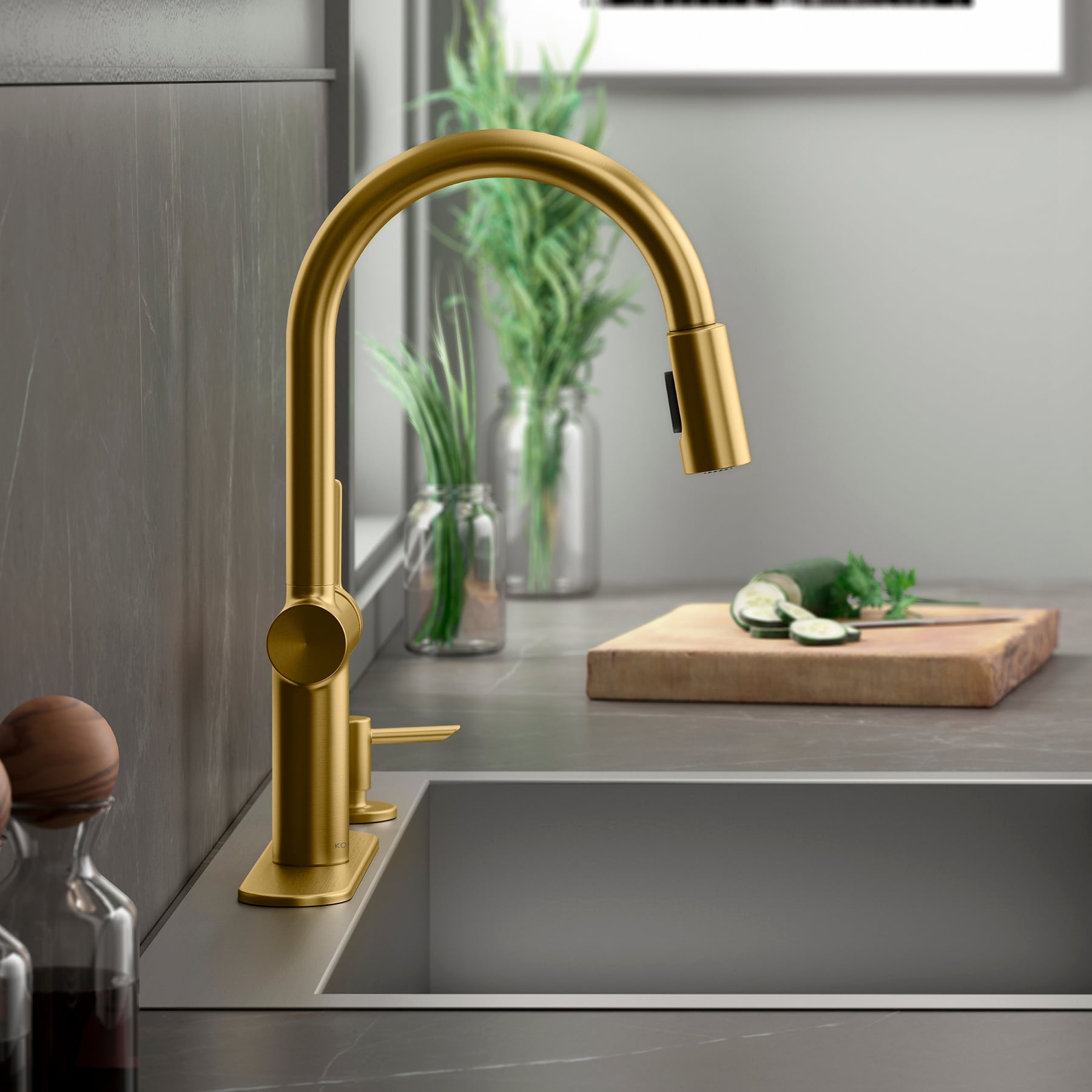 KOHLER Koi Vibrant Brushed Moderne Brass Single Handle Deck-mount Pull-down Kitchen Faucet with Sprayer ( Deck Plate Included ) (Soap Dispenser Included)