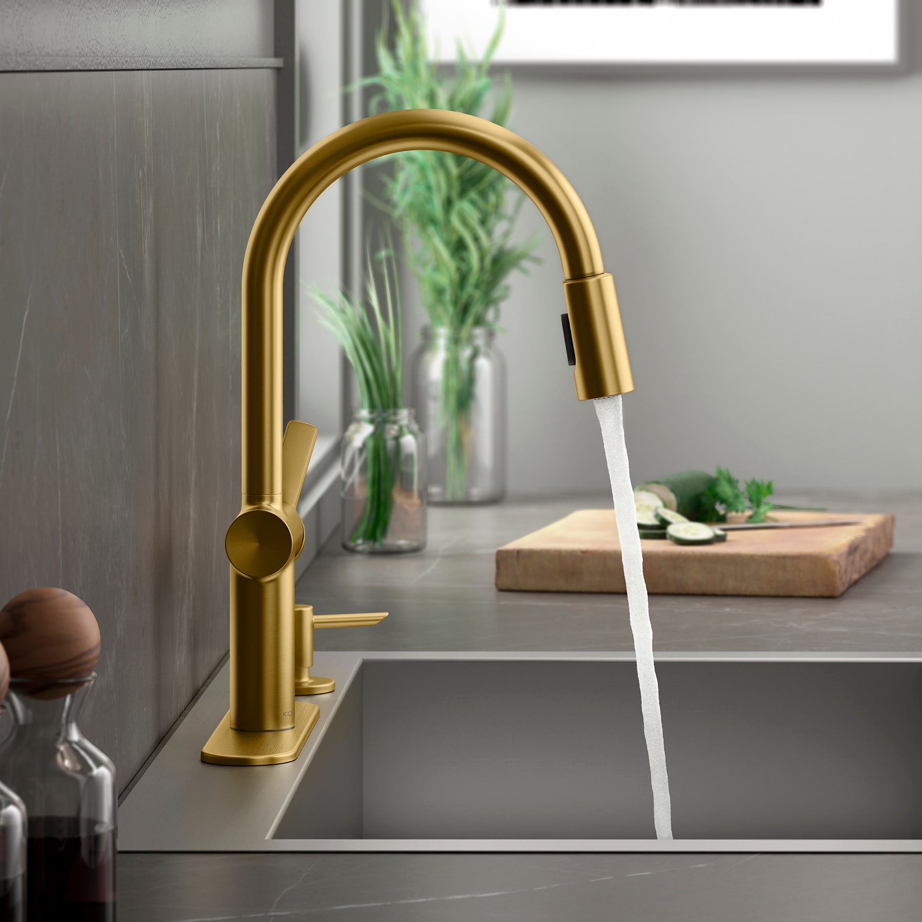 KOHLER Koi Vibrant Brushed Moderne Brass Single Handle Deck-mount Pull-down Kitchen Faucet with Sprayer ( Deck Plate Included ) (Soap Dispenser Included)