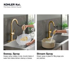 KOHLER Koi Vibrant Brushed Moderne Brass Single Handle Deck-mount Pull-down Kitchen Faucet with Sprayer ( Deck Plate Included ) (Soap Dispenser Included)