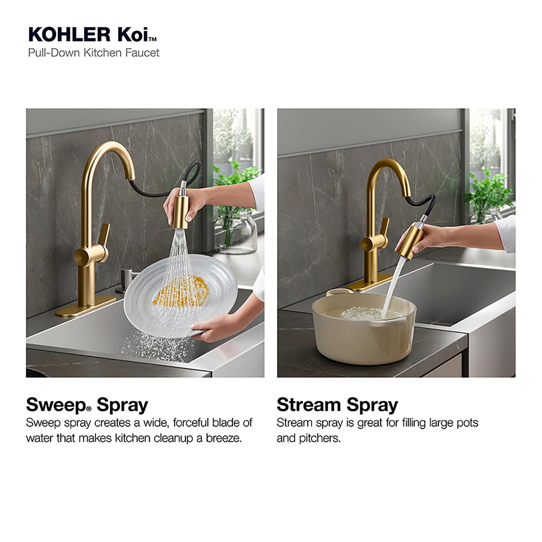 KOHLER Koi Vibrant Brushed Moderne Brass Single Handle Deck-mount Pull-down Kitchen Faucet with Sprayer ( Deck Plate Included ) (Soap Dispenser Included)