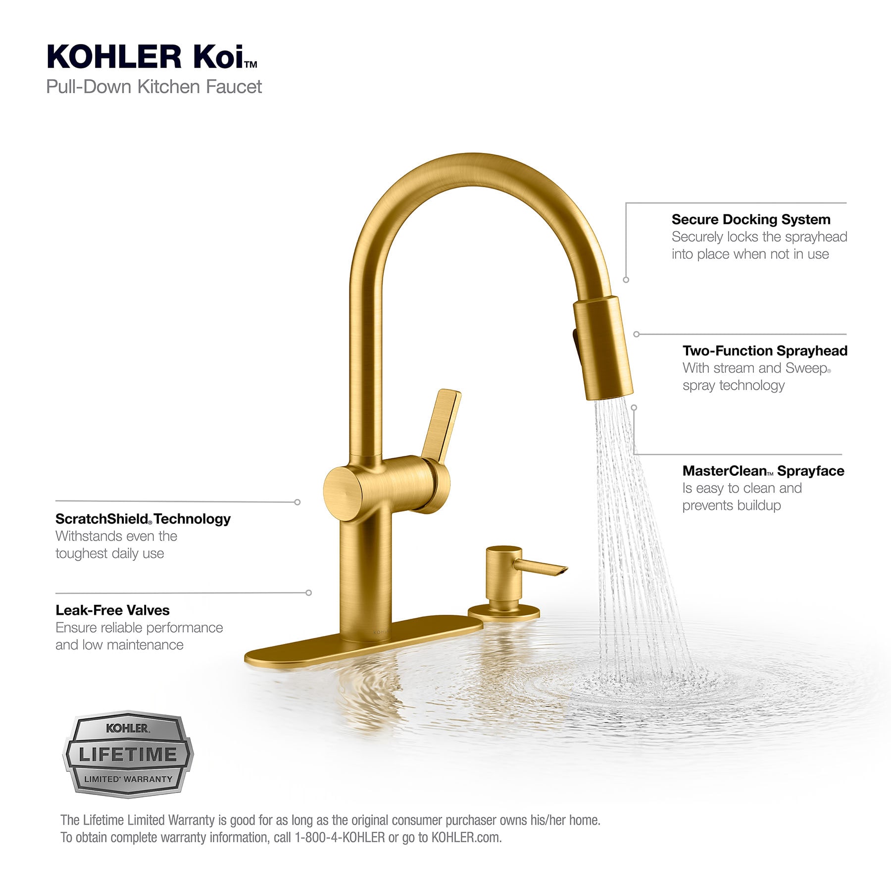 KOHLER Koi Vibrant Brushed Moderne Brass Single Handle Deck-mount Pull-down Kitchen Faucet with Sprayer ( Deck Plate Included ) (Soap Dispenser Included)