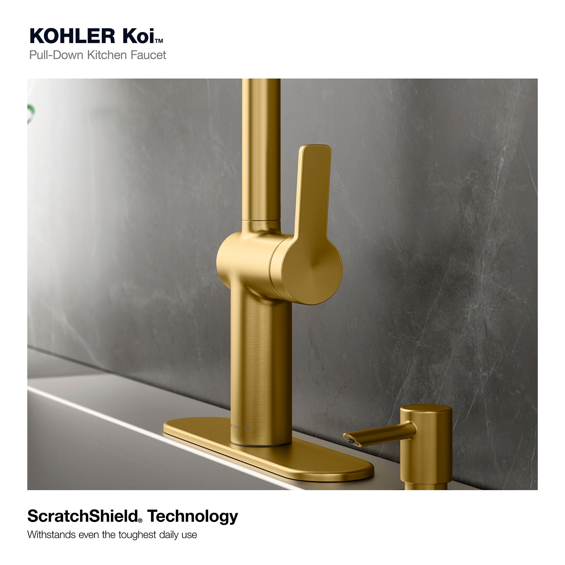 KOHLER Koi Vibrant Brushed Moderne Brass Single Handle Deck-mount Pull-down Kitchen Faucet with Sprayer ( Deck Plate Included ) (Soap Dispenser Included)