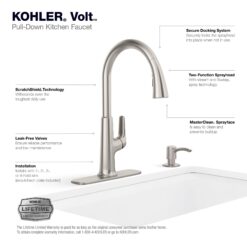 KOHLER Volt Vibrant Stainless Single Handle Deck-mount Pull-down Kitchen Faucet with Sprayer ( Deck Plate Included ) (Soap Dispenser Included)