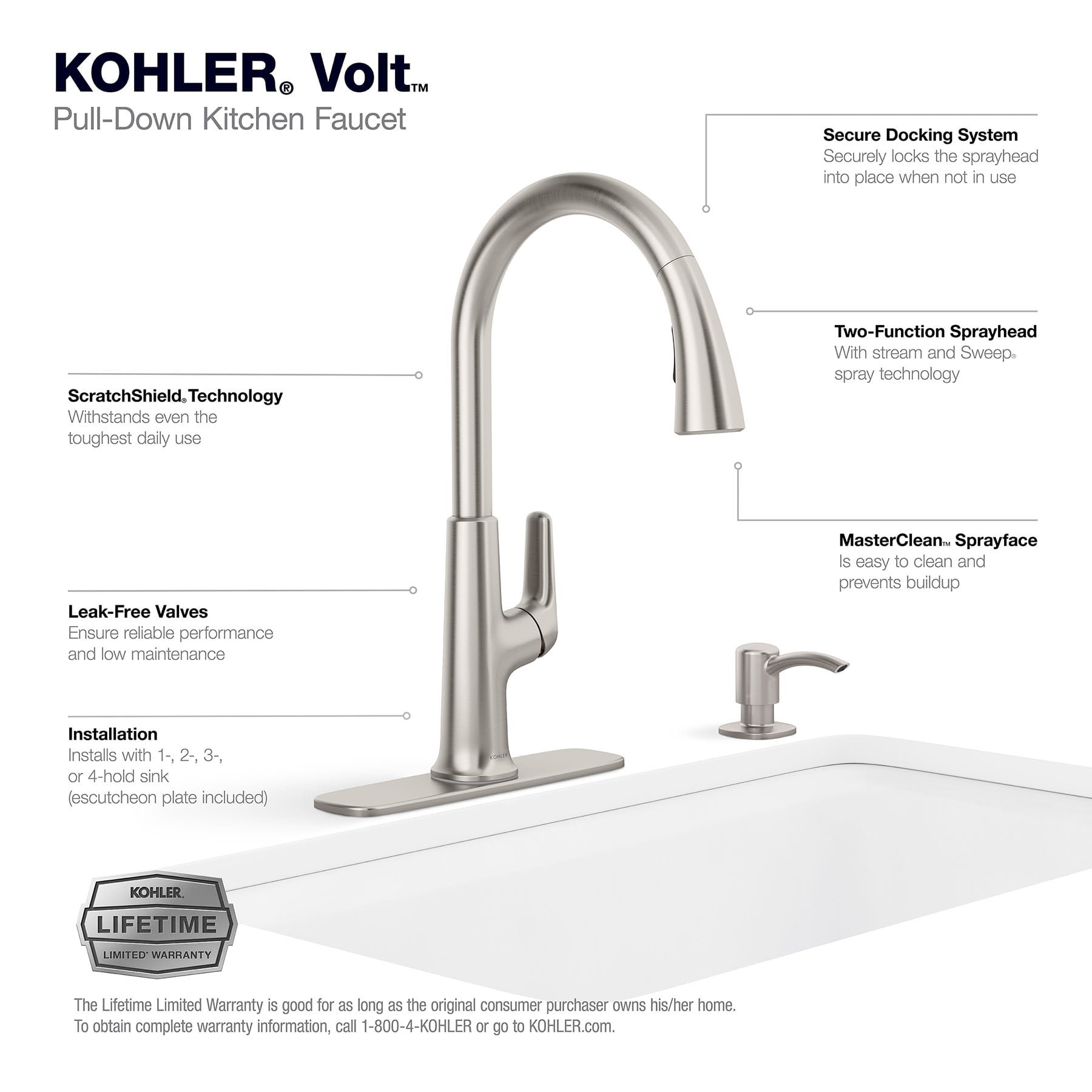 KOHLER Volt Vibrant Stainless Single Handle Deck-mount Pull-down Kitchen Faucet with Sprayer ( Deck Plate Included ) (Soap Dispenser Included)