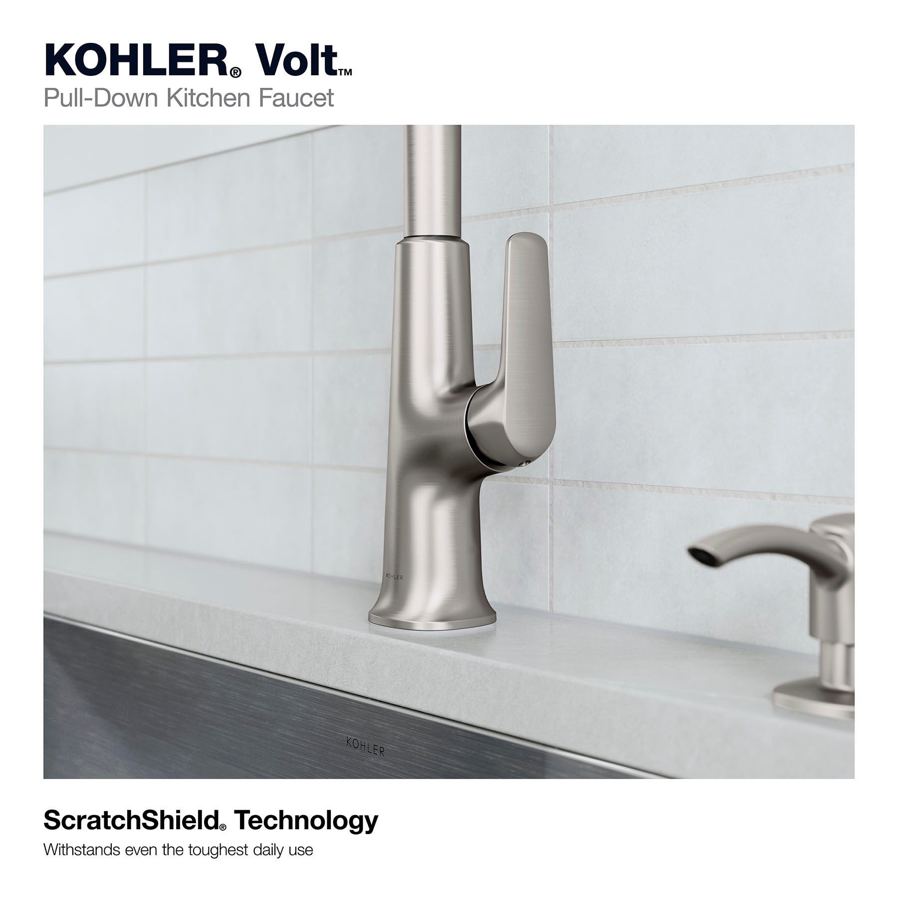 KOHLER Volt Vibrant Stainless Single Handle Deck-mount Pull-down Kitchen Faucet with Sprayer ( Deck Plate Included ) (Soap Dispenser Included)