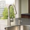 Moen Edwyn Spot Resist Stainless Single Handle Deck-mount Pull-down Kitchen Faucet with Sprayer ( Deck Plate Included ) (Soap Dispenser Included)