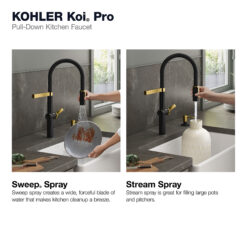 KOHLER Koi Pre-Rinse Spring Matte Black w/Moderne Brass Single Handle Deck-mount Pull-down Kitchen Faucet with Sprayer ( Deck Plate Included ) (Soap Dispenser Included)