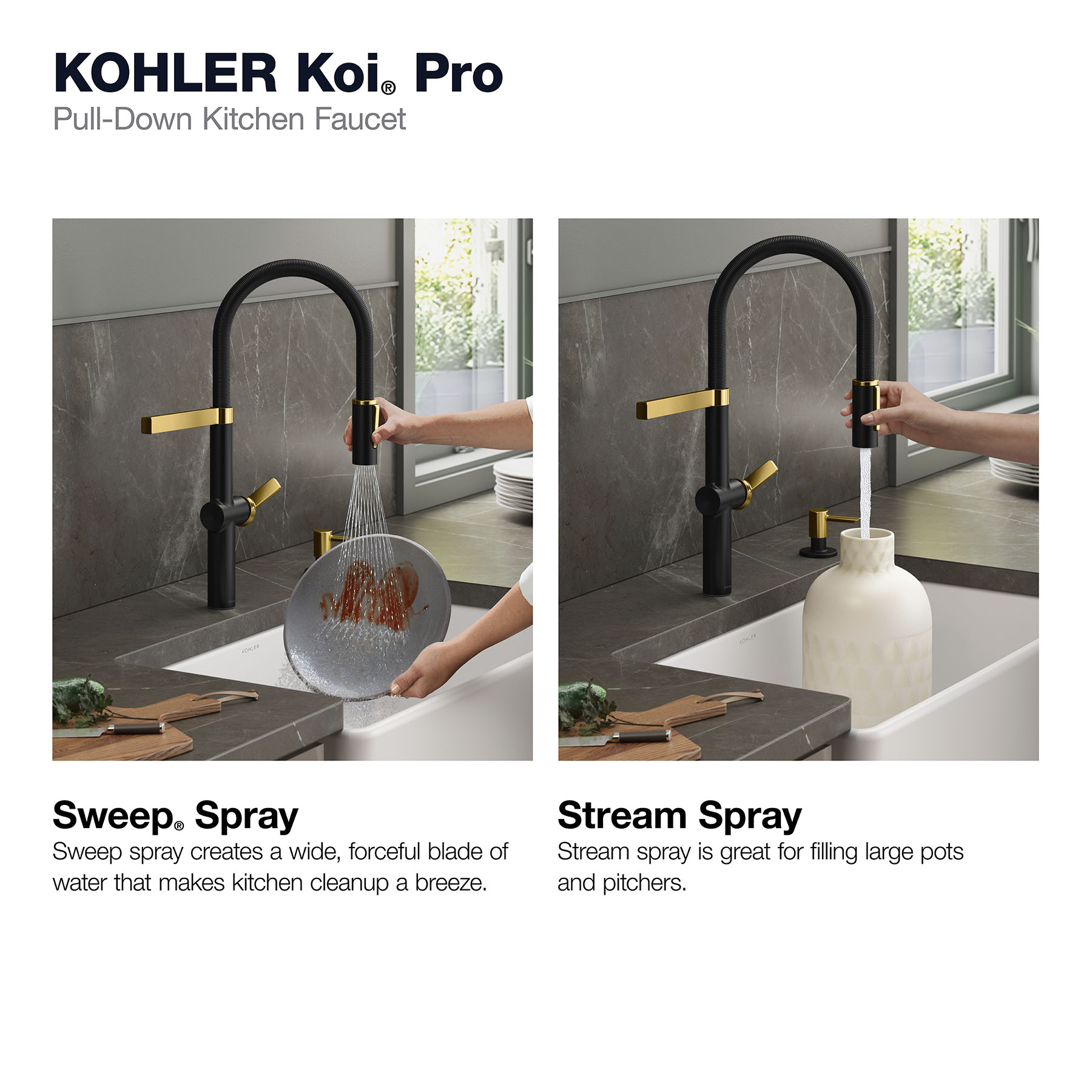 KOHLER Koi Pre-Rinse Spring Matte Black w/Moderne Brass Single Handle Deck-mount Pull-down Kitchen Faucet with Sprayer ( Deck Plate Included ) (Soap Dispenser Included)