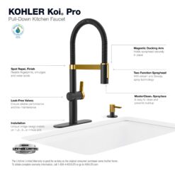 KOHLER Koi Pre-Rinse Spring Matte Black w/Moderne Brass Single Handle Deck-mount Pull-down Kitchen Faucet with Sprayer ( Deck Plate Included ) (Soap Dispenser Included)