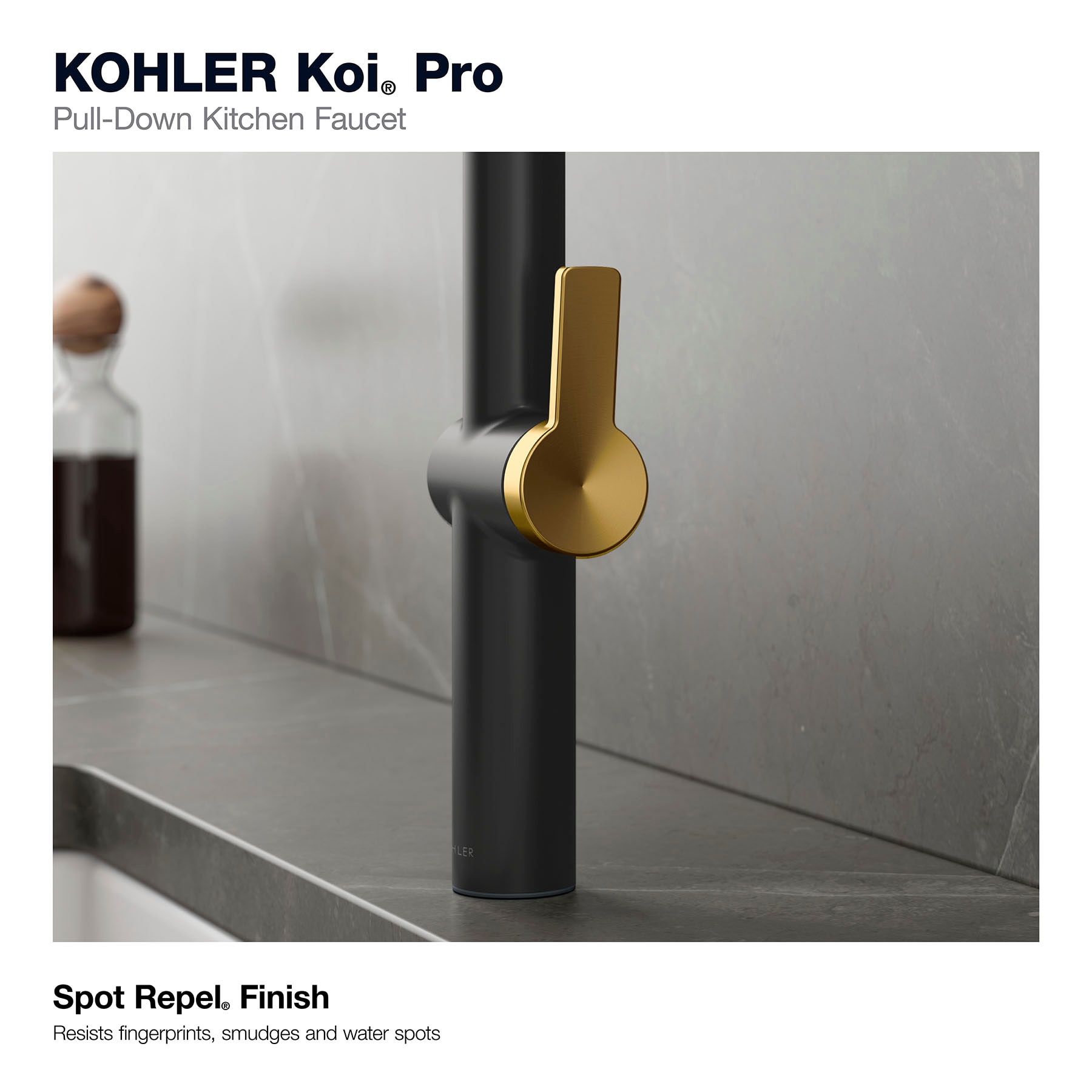 KOHLER Koi Pre-Rinse Spring Matte Black w/Moderne Brass Single Handle Deck-mount Pull-down Kitchen Faucet with Sprayer ( Deck Plate Included ) (Soap Dispenser Included)