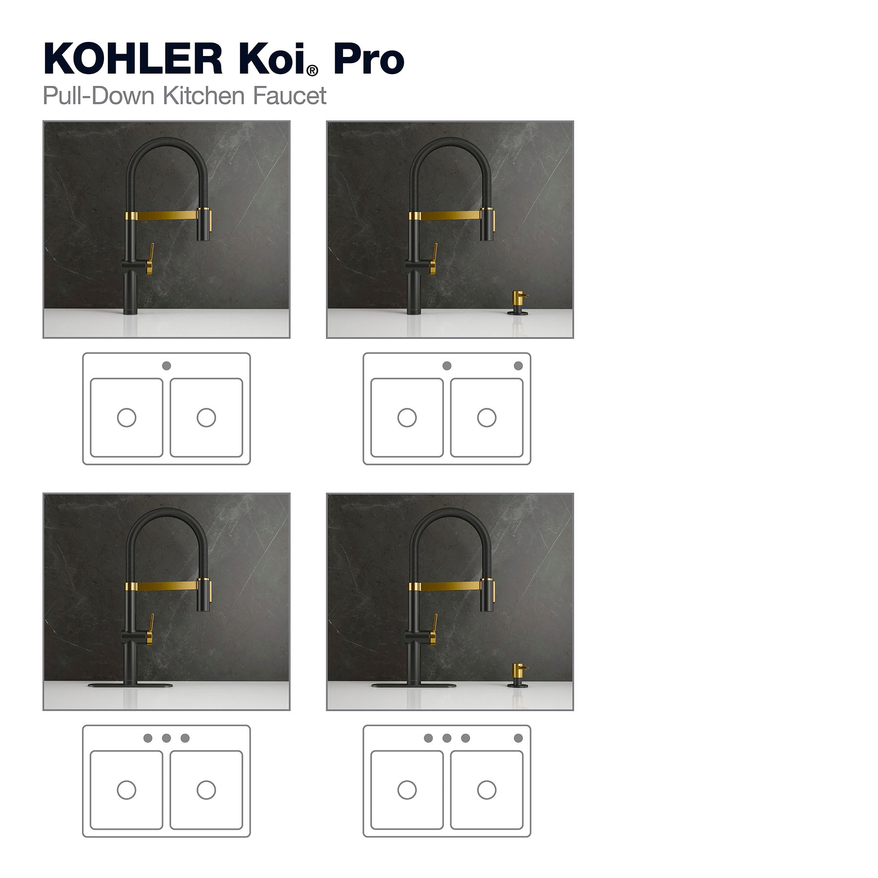 KOHLER Koi Pre-Rinse Spring Matte Black w/Moderne Brass Single Handle Deck-mount Pull-down Kitchen Faucet with Sprayer ( Deck Plate Included ) (Soap Dispenser Included)
