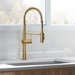 KOHLER Crue Pre-Rinse Spring Vibrant Brushed Moderne Brass Single Handle Deck-mount Pull-down Kitchen Faucet with Sprayer ( Deck Plate Included )