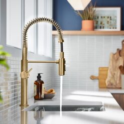 KOHLER Crue Pre-Rinse Spring Vibrant Brushed Moderne Brass Single Handle Deck-mount Pull-down Kitchen Faucet with Sprayer ( Deck Plate Included )