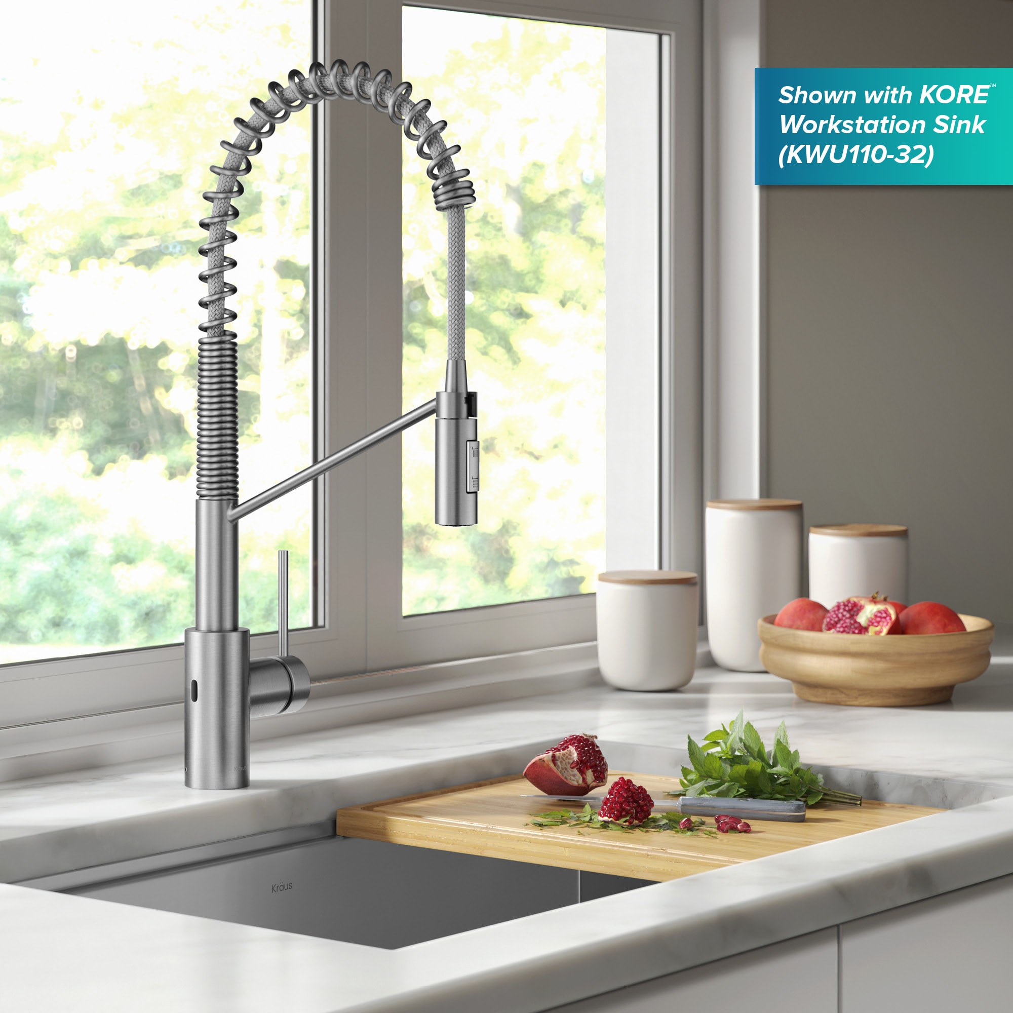 Kraus Oletto Spot Free Stainless Steel Single Handle Deck-mount Touchless Pull-down Kitchen Faucet with Sprayer ( Deck Plate Included )