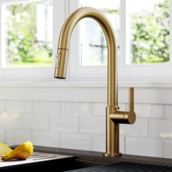 Kraus Oletto Brushed Brass Single Handle Deck-mount Pull-down Kitchen Faucet with Sprayer