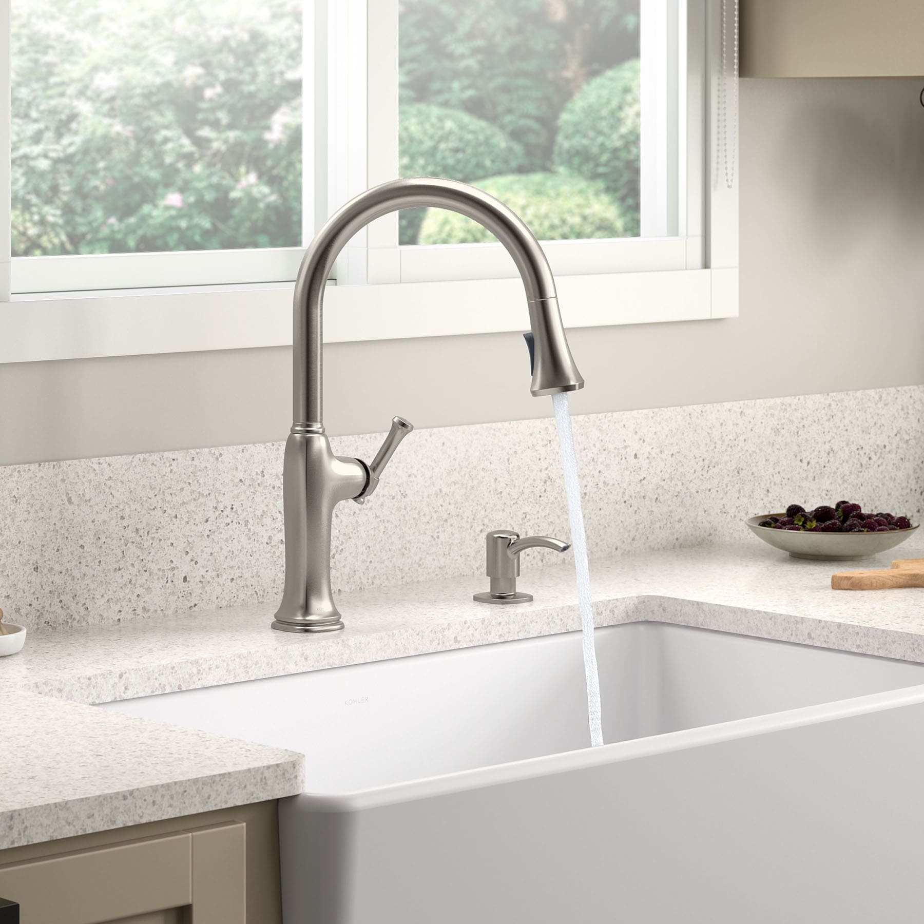 KOHLER Kanan Vibrant Stainless Double Handle Deck-mount Pull-down Kitchen Faucet with Sprayer ( Deck Plate Included ) (Soap Dispenser Included)