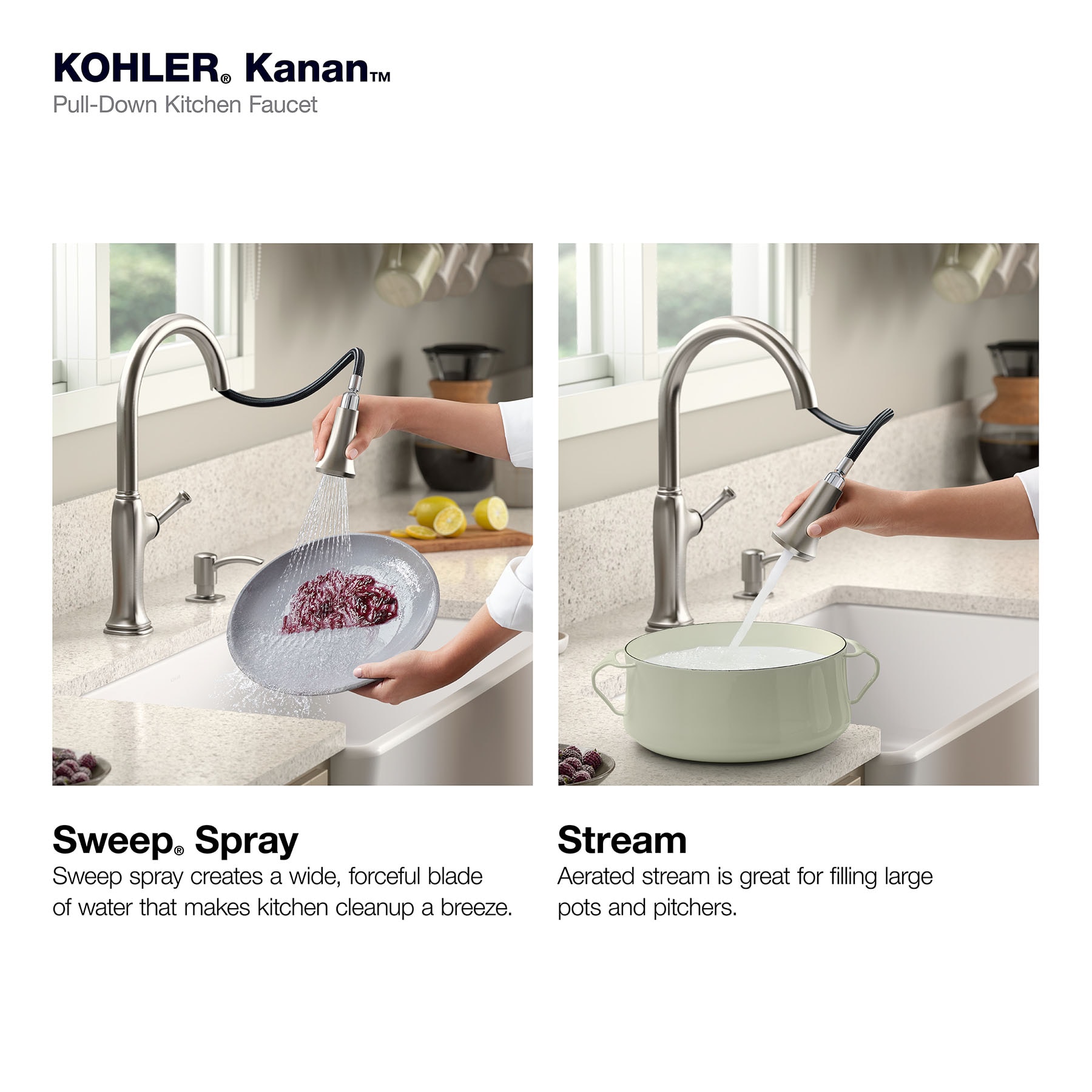 KOHLER Kanan Vibrant Stainless Double Handle Deck-mount Pull-down Kitchen Faucet with Sprayer ( Deck Plate Included ) (Soap Dispenser Included)